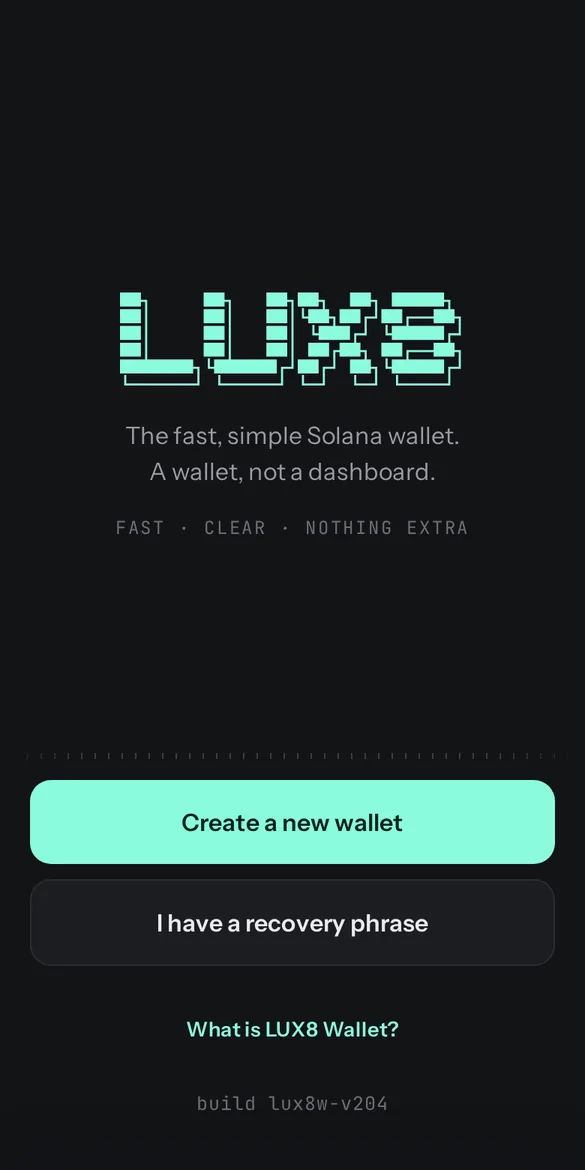 LUX8 Wallet welcome screen, dark theme