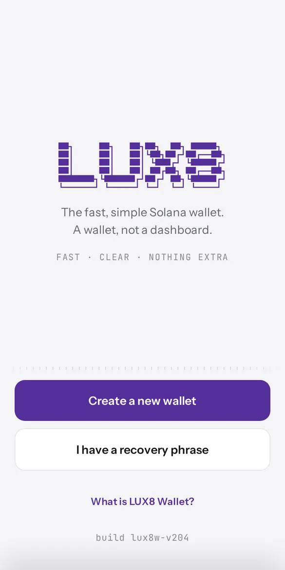 LUX8 Wallet welcome screen